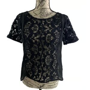 American Eagle Women’s Size XS Lace Top Black Sheer Short Sleeve Button Back